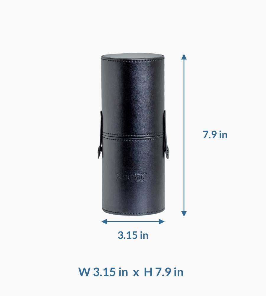 The Xtreme Lashes Cosmetic & Brush Organizer Tube is shown separated into its two black, cup-like halves. The two empty cups stand side-by-side against a plain white background, displaying the snap closures and their function as brush holders.