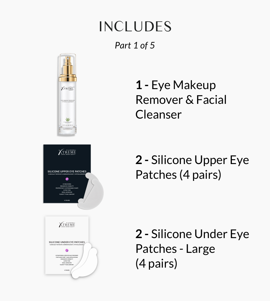 This image displays "Part 1 of 5" of a kit's contents, featuring a bottle of Eye Makeup Remover & Facial Cleanser, two boxes of Silicone Upper Eye Patches (4 pairs), and two boxes of Silicone Under Eye Patches (4 pairs). A "NEW" label is present in the top left corner.