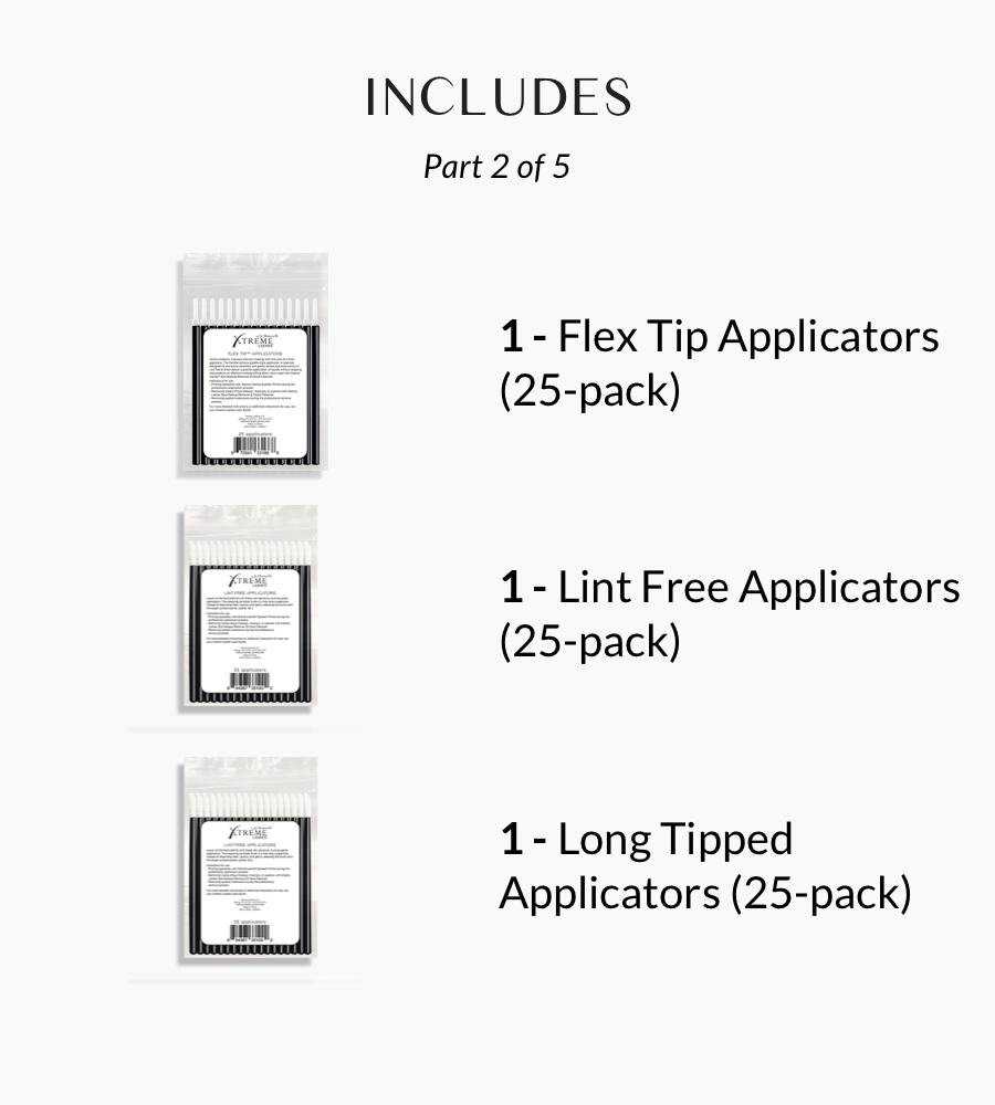 This panel lists and shows three types of applicators: 1- Flex Tip Applicators (25-pack), 1- Lint Free Applicators (25-pack), and 1- Long Tapered Applicators (25-pack). A gray arrow on the left suggests this is part of a series of product inclusions.
