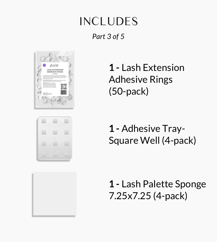 This section details adhesive-related accessories including 1- Lash Extension Adhesive Rings (30-pack), 9- Adhesive Tray Square Wells (8-pack), and 1- Lash Palette Sponge 7.25 x 5 (4-pack). The visual elements correspond to the listed items for lash application.