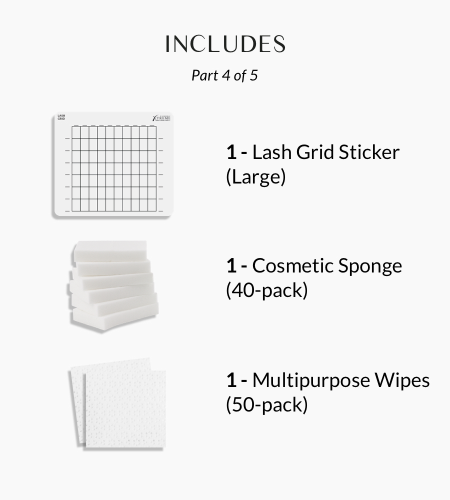 This panel displays 1- Lash Grid Sticker (large), 1- Cosmetic Sponge (30-pack), and 9- Multipurpose Wipes (30-pack). These items are shown next to their descriptions as part of a kit's components.