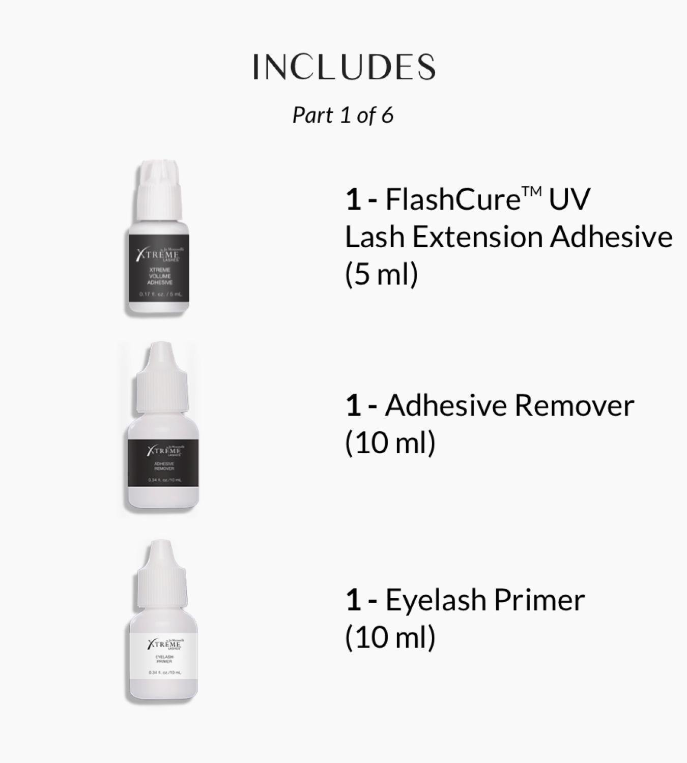An Xtreme Lashes Xtreme Volume Adhesive bottle on a dark, glossy, splatter of adhesive. The text above the product describes it as being for "advanced stylists" and having an "instant attachment" and "instant cure."